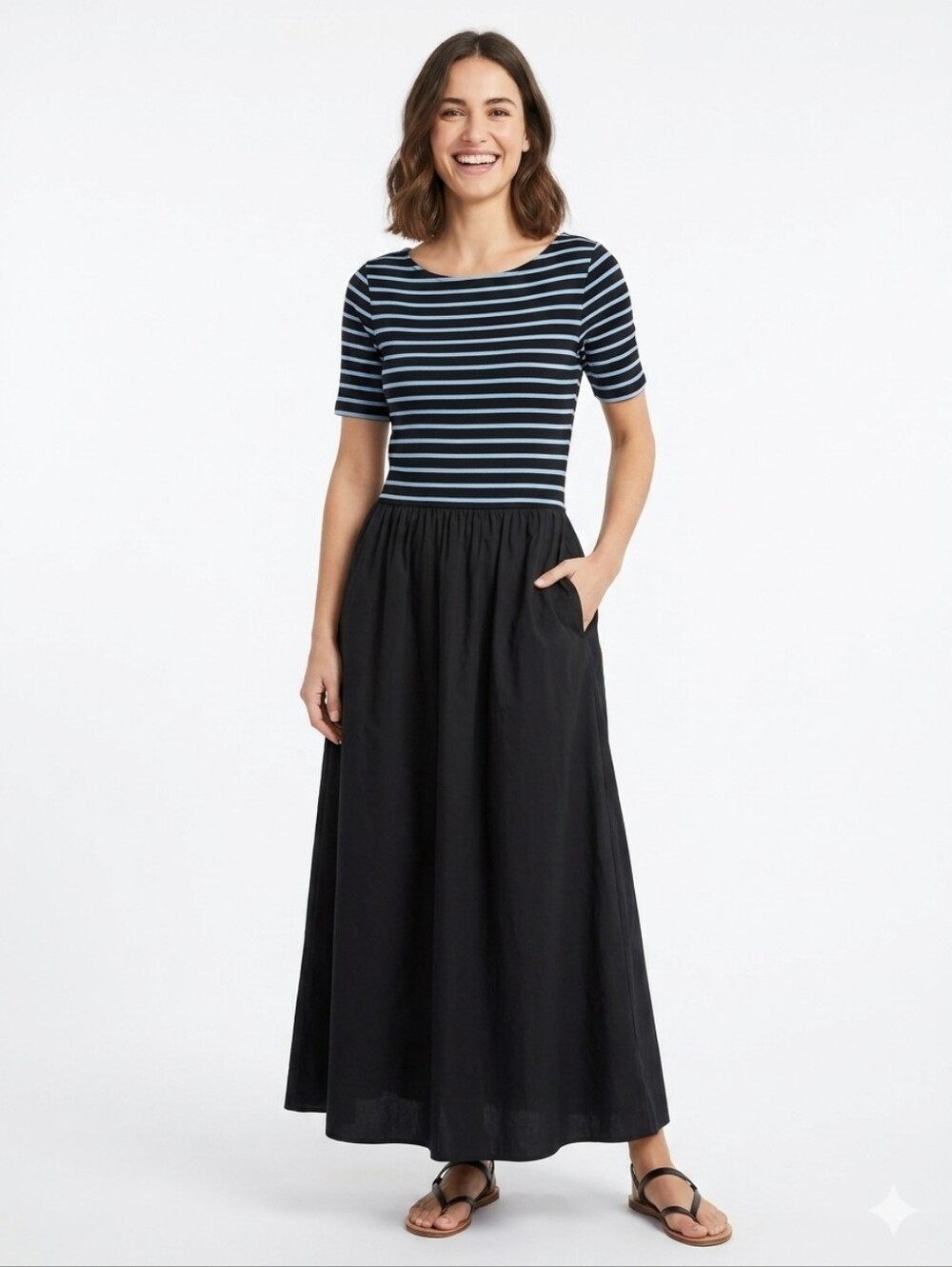 GAP Striped Mixed Media Maxi Dress with Pockets - Black & White - L Petite